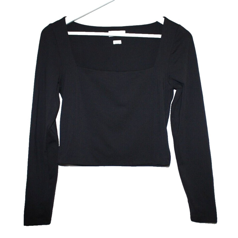 Aritzia Babaton Crop Top L Black Contour Square Neck Longsleeve Stretch Y2K